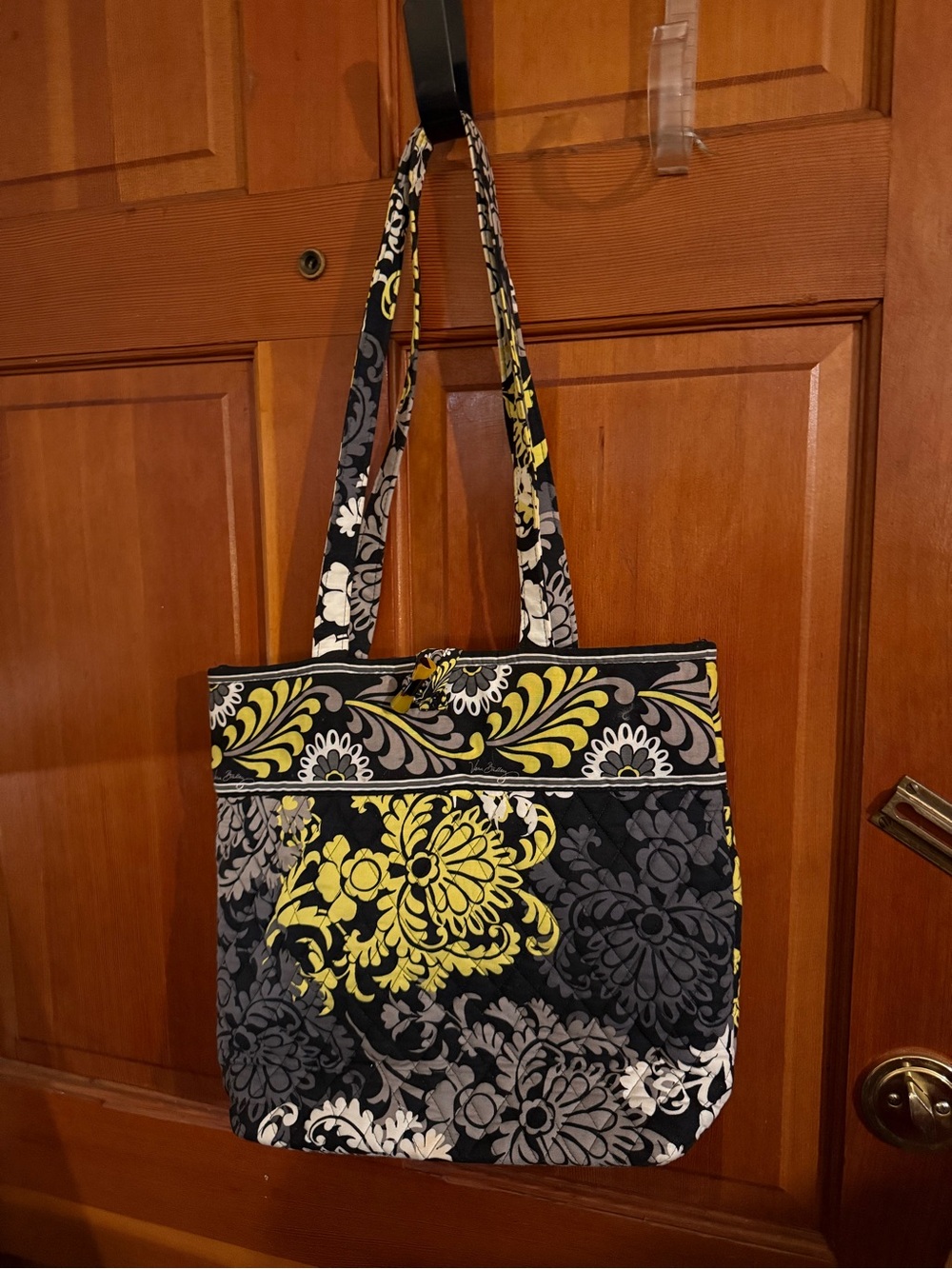 Quilted Floral Tote Bag in Black, Yellow, and Gray